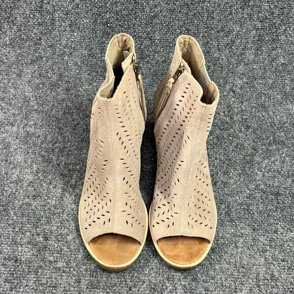 Toms Majorca Peep Toe Booties Womens 7.5 Taupe Suede Perforated Leaf Ankle Boots - Picture 3 of 13
